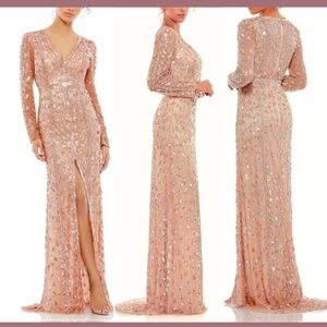 NWT Mac Duggal [ 6 ] Embellished Front Slit Long Sleeve Gown 5002‎ Rose Gold